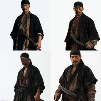 - **服饰考据**：明代海盗首领形制，黑褐色交领短袍，敞开露出内搭，腰佩宽刃雁翎刀，裹黑色头巾，面有刀疤左目失明 - **标准提示词**：超写实纪录片质感，4k 超清，35mm 胶片颗粒，电影级自然调色；纯白无影背景，单人全身站立，正面微侧；中年壮汉，身材魁梧健硕，肌肉虬结；面有一道横贯刀疤，左目失明眼睑下垂，神情暴戾张狂；身着黑褐色粗布交领短袍，敞开露出胸膛，腰佩宽背鬼头雁翎刀；右手扶刀把，浑身带着凶悍气场；火光质感侧光打在脸上，压迫感极强；无现代元素、无欧美海盗元素，纯明代中国海盗形制。 - **影视气质参考**：历史人物王直的枭雄气场，影视参考《大明王朝 1566》胡宗宪的威严感，粗野化调整 写实纪录片质感，电影级调色，35mm 胶片颗粒，自然可用光,明代中叶考据， 无现代元素 背景为纯白色 单人全身站立图