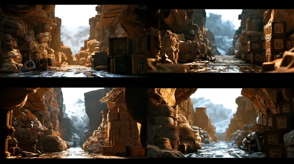 超写实电影质感，4k 超清，50mm 标准焦段低角度中近景，明代福船甲板局部，潮湿桐木地板带海水反光，粗麻绳绑扎草包瓷器、盐包、茶叶木箱和麻袋，木箱表面有墨笔封条，麻布边角被海风吹起，竹编遮棚边缘抖动；旁边有小型铁锚和木质绞盘，铁件带锈蚀反光；背景可见船舷外灰绿色海浪、白色泡沫和压低的铅灰色积雨云，冷青色天光落在货物边缘，风雨将至的紧张感，浅景深，历史写实质感，材质清晰。 参考图中货物堆满形式底部要图儿中感觉 image去脏点提示词：画面干净平滑、无杂色颗粒！自然光影、均匀色块、表面平滑细腻！ 整体画面干净、平滑、统一，强调大色块叙事与整体轮廓，无细碎噪点，无高频纹理，无脏污颗粒，无密集小装饰，边缘清晰利落，表面纯净，画面呼吸感强，一目了然。