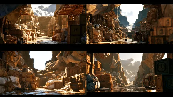 超写实电影质感，4k 超清，50mm 标准焦段低角度中近景，明代福船甲板局部，潮湿桐木地板带海水反光，粗麻绳绑扎草包瓷器、盐包、茶叶木箱和麻袋，木箱表面有墨笔封条，麻布边角被海风吹起，竹编遮棚边缘抖动；旁边有小型铁锚和木质绞盘，铁件带锈蚀反光；背景可见船舷外灰绿色海浪、白色泡沫和压低的铅灰色积雨云，冷青色天光落在货物边缘，风雨将至的紧张感，浅景深，历史写实质感，材质清晰。 参考图中货物堆满形式底部要图儿中感觉 image去脏点提示词：画面干净平滑、无杂色颗粒！自然光影、均匀色块、表面平滑细腻！ 整体画面干净、平滑、统一，强调大色块叙事与整体轮廓，无细碎噪点，无高频纹理，无脏污颗粒，无密集小装饰，边缘清晰利落，表面纯净，画面呼吸感强，一目了然。
