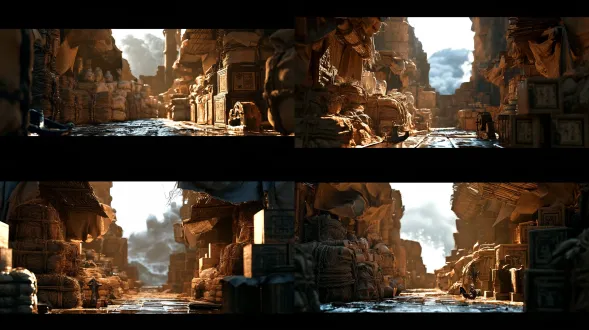 超写实电影质感，4k 超清，50mm 标准焦段低角度中近景，明代福船甲板局部，潮湿桐木地板带海水反光，粗麻绳绑扎草包瓷器、盐包、茶叶木箱和麻袋，木箱表面有墨笔封条，麻布边角被海风吹起，竹编遮棚边缘抖动；旁边有小型铁锚和木质绞盘，铁件带锈蚀反光；背景可见船舷外灰绿色海浪、白色泡沫和压低的铅灰色积雨云，冷青色天光落在货物边缘，风雨将至的紧张感，浅景深，历史写实质感，材质清晰。 参考图中货物堆满形式底部要图儿中感觉 image去脏点提示词：画面干净平滑、无杂色颗粒！自然光影、均匀色块、表面平滑细腻！ 整体画面干净、平滑、统一，强调大色块叙事与整体轮廓，无细碎噪点，无高频纹理，无脏污颗粒，无密集小装饰，边缘清晰利落，表面纯净，画面呼吸感强，一目了然。