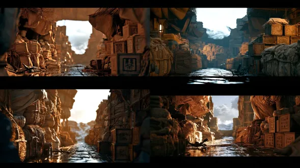 超写实电影质感，4k 超清，50mm 标准焦段低角度中近景，明代福船甲板局部，潮湿桐木地板带海水反光，粗麻绳绑扎草包瓷器、盐包、茶叶木箱和麻袋，木箱表面有墨笔封条，麻布边角被海风吹起，竹编遮棚边缘抖动；旁边有小型铁锚和木质绞盘，铁件带锈蚀反光；背景可见船舷外灰绿色海浪、白色泡沫和压低的铅灰色积雨云，冷青色天光落在货物边缘，风雨将至的紧张感，浅景深，历史写实质感，材质清晰。 参考图中货物堆满形式底部要图儿中感觉 image去脏点提示词：画面干净平滑、无杂色颗粒！自然光影、均匀色块、表面平滑细腻！ 整体画面干净、平滑、统一，强调大色块叙事与整体轮廓，无细碎噪点，无高频纹理，无脏污颗粒，无密集小装饰，边缘清晰利落，表面纯净，画面呼吸感强，一目了然。