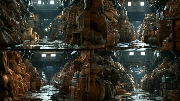 电影级写实画面，古代木帆船货舱，狭长通道，两侧堆满粗麻布袋、藤筐、橡木桶、青花木箱，湿漉漉木板地面，地面有水渍反光，低机位纵深构图，35mm镜头，保留从天而降的雨滴，船体顶部木构架，仅保留2个顶部天窗， 【强制锁定】麻袋、藤筐、木桶、箱子全部物体的数量、摆放位置、形态不变，机位不变，透视不变，画面构图不变，材质质感不变，整体光影氛围不变，移除空气中弥漫悬浮的潮湿雨雾 弥漫大雾，厚重雾气，多余天窗，3个及以上天窗，改动麻袋，移位木桶，道具变形，改变构图，改变机位，删除雨滴，地面干燥，画面畸变，手绘，卡通，模糊