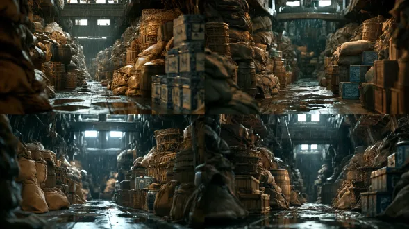 电影级写实画面，古代木帆船货舱，狭长通道，两侧堆满粗麻布袋、藤筐、橡木桶、青花木箱，湿漉漉木板地面，地面有水渍反光，低机位纵深构图，35mm镜头，保留从天而降的雨滴，船体顶部木构架，仅保留2个顶部天窗， 【强制锁定】麻袋、藤筐、木桶、箱子全部物体的数量、摆放位置、形态不变，机位不变，透视不变，画面构图不变，材质质感不变，整体光影氛围不变，移除空气中弥漫悬浮的潮湿雨雾 弥漫大雾，厚重雾气，多余天窗，3个及以上天窗，改动麻袋，移位木桶，道具变形，改变构图，改变机位，删除雨滴，地面干燥，画面畸变，手绘，卡通，模糊