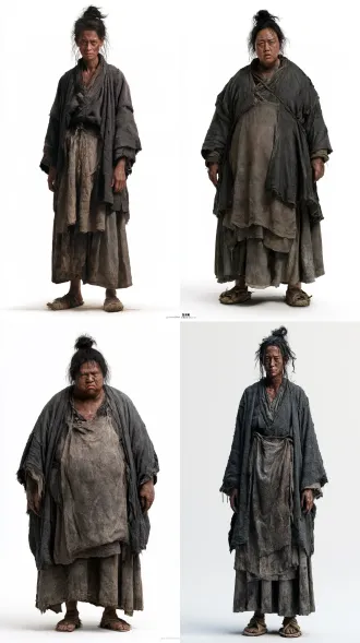 罗刹国，审丑为美，一名38岁左右女性村民，身材矮壮，皮肤黝黑粗糙，面容丑陋，神情麻木愁苦；黑色头发束成凌乱发髻。身穿破烂的深灰色粗麻布交领短衣，系粗布围裙，下着破旧长裙，脚穿草鞋。人物正面自然站立，双臂自然下垂贴于身体两侧，双脚自然并拢。。超写实摄影，4k 高清，纯白色纯色背景，正面站立全身像，从头到脚完整展现无裁切，东亚青年男性，影棚室内柔和散射光，面部光线均匀对称，无阴阳脸，无强烈明暗反差，超写实人像摄影，真实皮肤质感，细腻布料纹理，8k高清，full body shot, head to toe, standing, entire body in frame, no cropping, no out of frame, realistic，纯白色背景