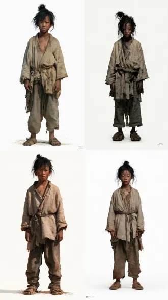 罗刹国，审丑为美，一名12岁左右男性少年村民，身材矮小，皮肤黝黑粗糙，面容丑陋，神情畏缩胆怯；黑色头发凌乱束起。身穿破烂的浅褐色粗麻布短衣，腰系草绳，下着破旧长裤，脚穿草鞋。超写实摄影，4k 高清，纯白色纯色背景，正面站立全身像，从头到脚完整展现无裁切，东亚青年男性特征，影棚室内柔和散射光，面部光线均匀对称，无阴阳脸，无强烈明暗反差，超写实人像摄影，真实皮肤质感，细腻布料纹理，8k高清，full body shot, head to toe, standing, entire body in frame, no cropping, no out of frame, realistic，纯白色背景