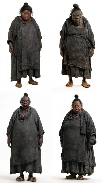 罗刹国，审丑为美，烤饼大姐，一名30岁左右女性村民，身材粗壮，皮肤黝黑，塌鼻梁像青蛙一样，眼睛凸出，表情粗哑，黑色头发束成发髻。身穿破烂的深灰色粗布短衣与围裙，下着长裙，脚穿草鞋。人物正面自然站立，双臂自然下垂贴于身体两侧，双脚自然并拢。【粘贴统一摄影规格】 影棚室内柔和散射光，面部光线均匀对称，无阴阳脸，无强烈明暗反差，超写实人像摄影，真实皮肤质感，细腻布料纹理，8k高清，full body shot, head to toe, standing, entire body in frame, no cropping, no out of frame, realistic，纯白色背景