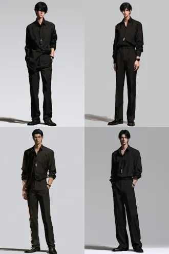 full-body character portrait of a 29-year-old chinese man, semi-realistic anime digital painting; narrow elongated face with refined handsome features, single eyelids, fair neutral skin tone, clean sharp jawline; slightly long black short hair, no extra styling; wearing a black shirt with the top button undone, black tailored trousers, a plain black minimalist wristwatch, black leather shoes, a usb flash drive hanging from a thin chain around his neck; standing calm and composed, full body fully in frame; light gray background, no props; heavy painterly texture with rough visible brushstrokes, canvas texture and hand-painted marks, cinematic painted lighting with soft light and shadow contours flowing across the whole figure