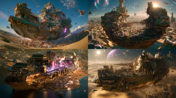 航拍未来沙洲巨舰城，黄金戈壁，唐式飞檐透材建筑，浮空光泡，飞舟穿梭，24mm变形镜头，大气透视，金青紫粉配色，繁荣浪漫，电影级科幻质感，体积雾，诗意超现实。