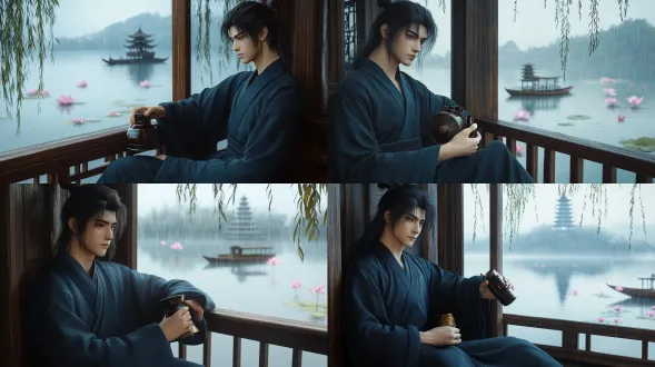 cinematic medium shot, young ancient chinese man sitting sideways by a wooden window in a lakeside tavern, his body turned toward the window, face looking out at the lake, leaning lazily against the window frame in relaxed posture, he holds a traditional chinese double-gourd wine flask (clearly shaped like two round spheres stacked together, bottom sphere larger than top) loosely in his hand, lazy half-lidded eyes, calm distant expression, not looking at camera, black hair tied in high ponytail, dark teal martial arts robe, soft natural daylight from the window, misty west lake visible through the window in gentle rain, visible rain streaks, lotus leaves and pink lotus flowers floating on the water, a small wooden boat drifting in the distance, willow branches hanging from the shore, distant pagoda on the hill fading into fog, wooden balcony railing outside the window, foreground window frame creating depth, shallow depth of field, cool blue-grey rainy daylight, 3d cg render, ultra detailed, 8k