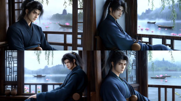 cinematic medium shot, young ancient chinese man exactly matching the reference character's face, same high ponytail, same dark teal martial arts robe, slouched posture leaning back lazily against the window frame, sitting sideways by a wooden window inside a traditional chinese lakeside tavern, interior wooden furniture and wine jars visible in background, his body fully turned toward the window, face looking out at the lake in 90 degree complete side profile, not looking at camera at all, calm relaxed lazy expression, he holds a small traditional chinese brown hulu gourd hanging at his waist (two round bulbs, upper small, lower large), soft natural daylight from the window, misty west lake visible through the window in gentle rain, lotus leaves and pink lotus flowers floating on the water, a small wooden boat drifting in the distance, willow branches hanging from the shore, distant pagoda on the hill fading into fog, wooden balcony railing outside the window, foreground window frame creating depth, shallow depth of field, cool blue-grey rainy daylight, 3d cg render, ultra detailed, 8k