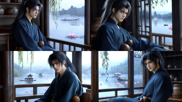 cinematic medium shot, young ancient chinese man exactly matching the reference character's face, same high ponytail, same dark teal martial arts robe, slouched posture leaning back lazily against the window frame, sitting sideways by a wooden window inside a traditional chinese lakeside tavern, interior wooden furniture and wine jars visible in background, his body fully turned toward the window, face looking out at the lake in 90 degree complete side profile, not looking at camera at all, calm relaxed lazy expression, he holds a small traditional chinese brown hulu gourd hanging at his waist (two round bulbs, upper small, lower large), soft natural daylight from the window, misty west lake visible through the window in gentle rain, lotus leaves and pink lotus flowers floating on the water, a small wooden boat drifting in the distance, willow branches hanging from the shore, distant pagoda on the hill fading into fog, wooden balcony railing outside the window, foreground window frame creating depth, shallow depth of field, cool blue-grey rainy daylight, 3d cg render, ultra detailed, 8k