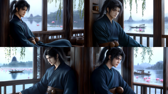 cinematic medium shot, young ancient chinese man exactly matching the reference character's face, same high ponytail, same dark teal martial arts robe, slouched posture leaning back lazily against the window frame, sitting sideways by a wooden window inside a traditional chinese lakeside tavern, interior wooden furniture and wine jars visible in background, his body fully turned toward the window, face looking out at the lake in 90 degree complete side profile, not looking at camera at all, calm relaxed lazy expression, he holds a small traditional chinese brown hulu gourd hanging at his waist (two round bulbs, upper small, lower large), soft natural daylight from the window, misty west lake visible through the window in gentle rain, lotus leaves and pink lotus flowers floating on the water, a small wooden boat drifting in the distance, willow branches hanging from the shore, distant pagoda on the hill fading into fog, wooden balcony railing outside the window, foreground window frame creating depth, shallow depth of field, cool blue-grey rainy daylight, 3d cg render, ultra detailed, 8k