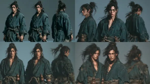 character sheet, three views of a young ancient chinese swordsman, front view, side view, back view, same character in all three views, black long hair tied in a high topknot ponytail, ponytail length not past the shoulders, messy loose strands falling over forehead, long sideburns framing the face, wild untamed hair ends, sharp but lazy eyes, dark teal martial arts robe with worn edges, cloth belt with knots, small brown double-gourd wine flask hanging at waist, lean muscular build, calm relaxed expression, 3d cg render, octane render, pbr materials, ray tracing, cinematic lighting, soft rim light, cool blue-grey color palette, shallow depth of field, 8k ultra detailed, masterpiece, trending on artstation,