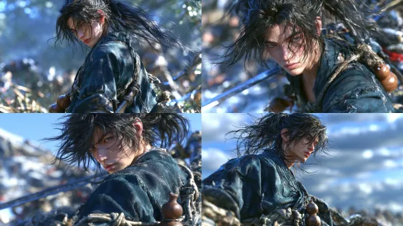 full body side view of a young ancient chinese swordsman, 90 degree profile, standing straight, black long hair tied in a high topknot ponytail, ponytail length not past the shoulders, slightly messy loose strands falling over forehead, long sideburns framing the face, natural flowing hair ends, sharp but lazy eyes, dark teal fitted martial arts robe with worn edges, slim fit, cloth belt with knots, small brown double-gourd wine flask hanging at waist, lean muscular build, calm relaxed expression, 3d cg game character art, unreal engine 5 render, cel-shaded pbr materials, stylized proportions, cinematic lighting, soft rim light, cool blue-grey color palette, shallow depth of field, 8k ultra detailed, masterpiece, trending on artstation,