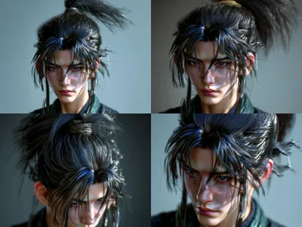 ... hair: black hair tied up high at the crown into a tall upright topknot that stands above the head (visible tied knot at the top), a short ponytail ending above the shoulders, not reaching the chest, only a few thin loose strands framing the forehead and face, no long hair over the front, matte finish, not oily. ...