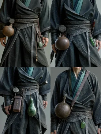 cloth belt, small brown bottle gourd hanging on the left hip, tiny green jade tablet hanging on the right hip