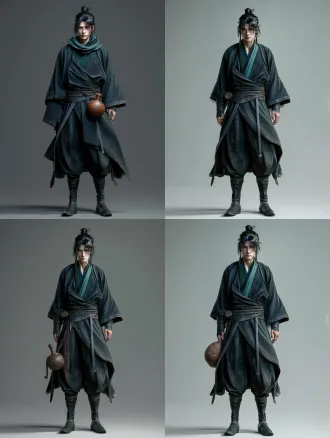 3d cg game character art, unreal engine 5 render, physically based materials, full-length portrait of one young ancient chinese wanderer standing alone, facing directly toward camera, symmetrical standing pose, tall and lean, long legs, black long hair sleek and polished, gathered into a tall wrapped knot rising clearly above the head outline, the forehead and both eyes completely clear, ponytail length not past the shoulders, long sideburns framing the face, sharp but lazy eyes, dark teal cross-collar robe with worn edges, bodycon fit, hugs the body, tailored silhouette, contour the waist, slim cut, close-fitting, stretch fabric, no loose fabric, sleeves ending at mid-forearm with the forearms and hands outside the cloth, dark cloth trousers with straight legs falling over the boots, black leather boots, cloth belt, a brown gourd of two round lobes joined by a narrow