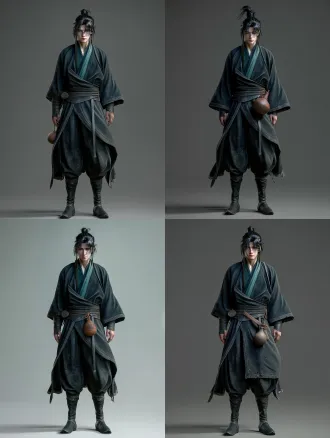 3d cg game character art, unreal engine 5 render, physically based materials, full-length portrait of one young ancient chinese wanderer standing alone, facing directly toward camera, symmetrical standing pose, tall and lean, long legs, black long hair sleek and polished, gathered into a tall wrapped knot rising clearly above the head outline, the forehead and both eyes completely clear, ponytail length not past the shoulders, long sideburns framing the face, sharp but lazy eyes, dark teal cross-collar robe with worn edges, bodycon fit, hugs the body, tailored silhouette, contour the waist, slim cut, close-fitting, stretch fabric, no loose fabric, sleeves ending at mid-forearm with the forearms and hands outside the cloth, dark cloth trousers with straight legs falling over the boots, black leather boots, cloth belt, a brown gourd of two round lobes joined by a narrow