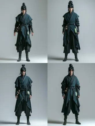 3d cg game character art, unreal engine 5 render, physically based materials, full-length portrait of one young ancient chinese wanderer standing alone, facing directly toward camera, symmetrical standing pose, tall and lean, long legs, black long hair sleek and polished, gathered into a tall wrapped knot rising clearly above the head outline, the forehead and both eyes completely clear, ponytail length not past the shoulders, long sideburns framing the face, sharp but lazy eyes, dark teal cross-collar robe with worn edges, bodycon fit, hugs the body, tailored silhouette, contour the waist, slim cut, close-fitting, stretch fabric, no loose fabric, sleeves ending at mid-forearm with the forearms and hands outside the cloth, dark cloth trousers with straight legs falling over the boots, black leather boots, cloth belt with knots, small brown double-gourd wine flask hanging on left hip, carved light green jade pendant with tassel hanging on right hip, unarmed, no weapon visible, arms hanging at his sides, shoulders level, head directly above the shoulders, both feet flat and parallel on the ground, entire figure from top of head to soles of feet visible with empty margin above and below, camera at chest height, lens parallel to the ground, plain flat light grey background, soft even frontal lighting, uniform brightness, no dramatic shadows, sharp focus, natural skin tone, 8k ultra detailed