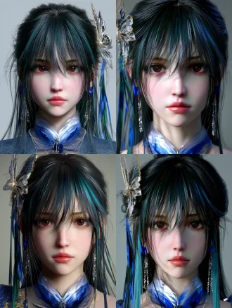 ming dynasty, 3d cg game character art, unreal engine 5 render, head and shoulders portrait of one young chinese woman, front view, face fully turned to the camera, the bridge of the nose centered in the frame, head straight and level, both eyes at the same height looking straight at viewer, symmetrical face, the top of the head and the chin both inside the frame, soft even lighting from directly in front, both cheeks equally lit, no shadow on either side of the face, long black hair with teal-blue highlights, straight bangs across the forehead, two long sections of hair falling over the chest, a translucent butterfly hairpin with gold edges on the left side of the image, dark brown eyes, calm quiet expression, mouth closed, jiaoling youren right-overlapping cross-collar neckline below the chin, blue and silver silk fabric, silver chain earrings, plain flat light grey background, sharp focus, natural skin tone, 8k ultra detailed