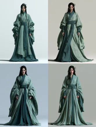 chinese xianxia fantasy, photorealistic 3d character render, unreal engine 5 render, full-length portrait of one chinese woman in her early twenties facing directly toward camera, symmetrical standing pose, jiaoling youren right-overlapping cross-collar robe in celadon green and deep teal silk, wide sleeves with tightened cuffs at the wrists, wide deep teal sash at the natural waist, a-line long skirt ending at the ankle with the feet outside the cloth, long black hair with a silver butterfly hair ornament, dark brown eyes, unarmed, arms hanging at her sides, both feet flat and parallel on the ground, head to feet fully in frame with empty margin above and below, camera at chest height, lens parallel to the ground, plain flat light grey background, soft even lighting from directly in front, sharp focus, natural skin tone, 8k ultra detailed