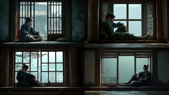 ming dynasty, 3d cg game character art, unreal engine 5 render, physically based materials, wide shot inside an upstairs room of a chinese wine house, one chinese man sitting astride a low windowsill in the lower right of the frame, one thigh lying flat across the sill with one leg inside the room and the other hanging outside, his body facing out through the window, head turned almost to full profile with one eye visible and the far eye hidden behind the nose bridge, chin lowered slightly, soft daylight on his face, natural skin tone, behind him a chinese window wider than it is tall, split by a horizontal bar into upper and lower halves, the upper sash propped open outward on a thin wooden stick, six thin vertical bars with the gaps wider than the bars, thin paper across them, daylight glowing through, the lower half of the opening empty, the sill at the height of his hip, its top a hand's width above his head, solid wooden wall below the sill and on both sides of the opening, nothing hanging from his waist, thin willow branches, light rain, pale mist, a lotus pond, cool blue grey, shallow depth of field, camera level at chest height