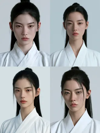 3d cg game character art, unreal engine 5 render, physically based materials, head and shoulders portrait of one young chinese woman in her early twenties, a plain white cross collar robe closed high at the throat, three quarter view with her face turned about thirty degrees toward the left of the image, head straight and level, the top of her head and the line of her shoulders both inside the frame with empty margin above, long black hair gathered into a small neat bun at the crown with the rest falling straight down her back past her shoulders, a few fine strands loose at her temples, both eyes fully visible, an oval face with a slightly narrow jaw, the cheekbones lying flat against the face rather than protruding, a low brow ridge that reads level and smooth, shallow eye sockets, epicanthic folds at the inner corners of both eyes, a low nose bridge with a small rounded tip, narrow almond eyes with a very low double eyelid, dark brown irises, long straight dark eyebrows with visible individual hairs, a thin upper lip with a clear cupid's bow, the mouth closed and the corners level, the chin clearly separated from the neck, natural skin tone, matte skin with visible micro texture, even tone across the forehead cheeks and chin, plain flat light grey background, soft even frontal lighting, uniform brightness, no dramatic shadows, camera at eye level, lens parallel to the ground, sharp focus, 8k ultra detailed
