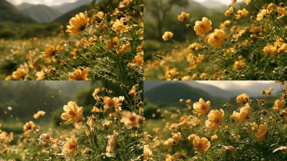 田埂细碎小黄花被侧向微风轻吹，光斑在花瓣上跳跃，对焦花朵、背景虚化，暖调高光偏柔、低饱和克制，奶油散景、细腻颗粒、静谧少年感
