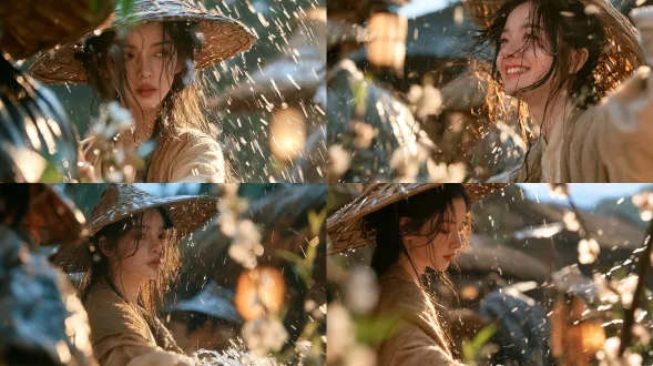 ## 色调分析 - **主色调**：青绿、暖棕、米黄的复合色调，雨中偏冷（青灰、墨绿），人物偏暖（赭石、橘棕） - **冷暖对比**：湿润冷调的环境光 + 暖色人物/灯笼光形成“雨中暖意” - **低饱和胶片感**：类似电影调色，柔和雾感，高光不刺眼 ## 质感分析 - 雨丝颗粒清晰、水花飞溅的动态凝固感 - 湿透的麻布、丝绢衣物贴身质感 - 青石板反光、木屋茅檐、竹编斗笠的东方田园材质 - 浅景深电影镜头，前景虚化的植物与蔬菜 ## 画面氛围 宋式田园、烟火气、雨中劳作归家的诗意，电影级写实风格 逆光·雨后初晴微笑 ``` close-up portrait, young village girl smiling brightly after rain, wet tousled hair catching golden sunlight, water droplets glistening on face, blooming peach blossom branches in foreground bokeh, blue sky peeking through, backlit rim light, fresh warm tones, joyful pastoral atmosphere, ultra realistic skin detail