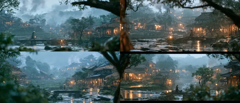 ## 色调分析 - **主色调**：青绿、暖棕、米黄的复合色调，雨中偏冷（青灰、墨绿），人物偏暖（赭石、橘棕） - **冷暖对比**：湿润冷调的环境光 + 暖色人物/灯笼光形成“雨中暖意” - **低饱和胶片感**：类似电影调色，柔和雾感，高光不刺眼 ## 质感分析 - 雨丝颗粒清晰、水花飞溅的动态凝固感 - 湿透的麻布、丝绢衣物贴身质感 - 青石板反光、木屋茅檐、竹编斗笠的东方田园材质 - 浅景深电影镜头，前景虚化的植物与蔬菜 ## 画面氛围 宋式田园、烟火气、雨中劳作归家的诗意，电影级写实风格 大远景·烟雨村庄 ``` extreme wide establishing shot, entire song dynasty village shrouded in misty rain, terraced fields, smoke rising from chimneys blending with fog, small figure with umbrella crossing stone bridge over stream, ink-wash painting mood in photorealistic execution, desaturated grey-green palette with one warm lantern accent, aerial drone perspective