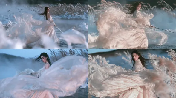 全身远景 · 水畔惊鸿** ``` wide shot, immortal woman standing in shallow water holding a sword, flowing champagne-white hanfu billowing in wind, frozen reeds and mist, pale gold and ice blue palette, epic fantasy composition, ethereal cold atmosphere, wind-blown long hair