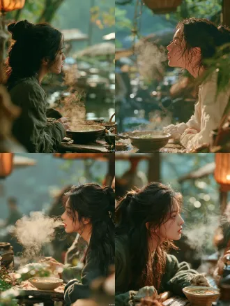 **色调**：青绿+暖黄的冷暖对比；雨雾朦胧的青蓝色调为主，点缀灯笼暖光、肤色暖粉，形成“烟雨江南”式的诗意冷暖平衡。 **质感**：电影级胶片质感、浅景深、前后景虚化（bokeh光斑）、湿润反光材质（纱衣、油纸伞、水面）、自然柔光，浓郁的国风氛围电影感。炊烟侧影** ``` close-up profile, woman blowing steam from a soup bowl at an outdoor wooden table, steam swirling, morning mist, blurred farm background, warm golden light with cool green foliage tones, intimate countryside atmosphere, cinematic