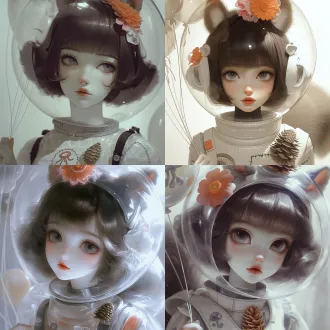 高级 cg 插画，伪韩系薄涂风格，伪 bjd 面部，细腻通透肤质，冷白灰色调，奶白肤色，狭长眼，薄唇豆沙色，轻撩嘴唇，冷艳慵懒神态，冷白肌肤受光透出通透瓷白光泽，廓光，缎面发丝根根分明，成女感与冷淡魅惑矛盾交织，低饱和柔雾胶片画质，原画级细腻笔触，阴影干净柔和。人物为深棕色利落短发，额前轻薄刘海，发丝蓬松垂落，头顶有与头发颜色同色的松鼠耳朵；头部佩戴圆形玻璃罩，玻璃罩通透质感精致，玻璃罩顶端点缀橙色花蕊粉色花瓣。上身穿着科研防护服，防护服上缝制着一颗刺绣松果，人物左手攥住数根水母形状气球绳，近景肖像式角色插画，突出面部、长发细节，背景柔焦虚化，形成层次，清冷高级，海绵宝宝珊迪松鼠拟人角色。