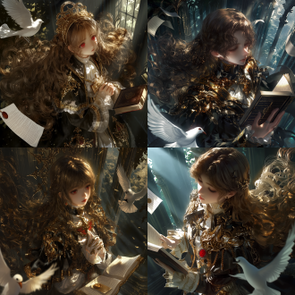 淡金色齐腰长发的年轻俊美男子，酒红色竖瞳，穿着华丽的鎏金黑白牧师服饰，捧着圣经在念祷告词；世界观：中世纪奇幻（骑士与法师、古堡与巨树，油画感的史诗质感）；发型：半束的栗色长卷发；画风：古典油画、厚涂插画、暗黑哥特插画、3d 写实渲染；构图视角：半身像、俯视视角、浅景深主体突出；画面元素：信纸与火漆印、丁达尔光束、白鸽、发丝飘动；氛围：神秘幽暗、史诗恢弘；光影：窗影斑驳；质感要求：大师级作品、超精细、电影级光影、锐利对焦 淡金色齐腰长发的年轻俊美男子，酒红色竖瞳，穿着华丽的鎏金黑白牧师服饰，捧着圣经在念祷告词, medieval high fantasy kingdom, half-tied chestnut long curls, classical oil painting, chiaroscuro, subtle craquelure texture, thick impasto digital painting, rich rendering, dramatic light, dark gothic illustration, desaturated palette, ornate detailing, photorealistic 3d render, octane, ray tracing, global illumination, medium shot, waist up, top-down bird's-eye view, shallow depth of field isolating the subject, letter paper with a wax seal, volumetric god rays, a white dove, hair strands in motion, mysterious and dark mood, epic and grand atmosphere, dappled light through a window, masterpiece, ultra-detailed, cinematic lighting, sharp focus, intricate details