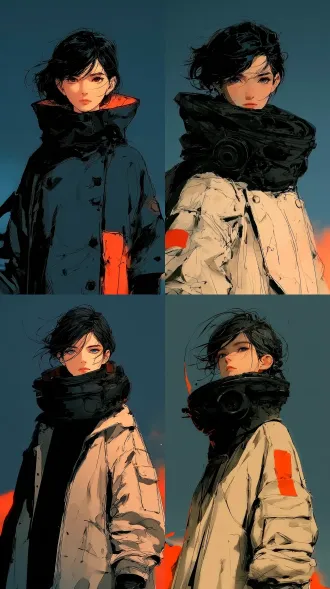 深海女研究员三视图人物设定稿，横向排版，手绘2d科幻动画风格，墨线勾边，平涂上色，蓝灰低饱和背景，柔和暖光，表情沉静带浅笑，统一五官服饰，无3d无文字