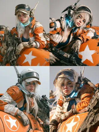 realistic 3d render, 1 stunning cyberpunk female soldier, long platinum white hair, bright clear blue eyes, tiny tactical camouflage mark on cheek, futuristic brimmed visor helmet with sharp mechanical antenna horn, glowing cool blue neon light strips on neck, weathered orange-white color block sci-fi tactical flight suit, half unzipped suit show dark blue inner top, worn perforated tactical gloves, leaning on orange sci-fi mecha hull painted with white five-pointed star logo, holding heavy futuristic sci-fi pulse assault rifle, soft plain light grey background, low angle shooting, cinematic soft side lighting, octane render, 8k ultra high definition, photorealistic, subtle weathered battle scratch texture on all equipment, delicate skin texture, shallow depth of field,