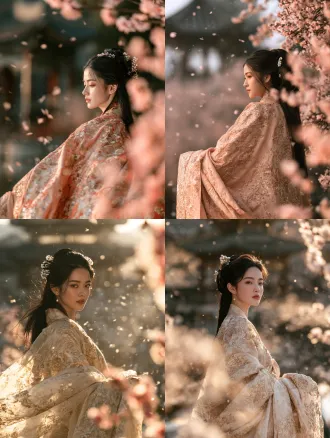 a graceful young chinese woman, distinct han chinese facial features, long black silky hair, almond-shaped eyes with double eyelids, fair porcelain skin, delicate nose and lips, wearing tang dynasty hanfu, flowing silk robes with intricate gold embroidery, ornate pearl hairpins, classical chinese makeup, standing in a misty peach blossom garden, petals gently falling, ancient pavilion in soft background, golden hour light filtering through blossoms, volumetric light rays, ethereal atmosphere, chinese gongbi painting influence, cinematic medium full shot, shallow depth of field, ultra detailed skin texture, 8k