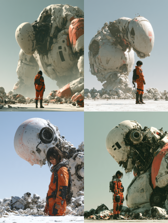 a girl wearing an orange-and-black technical suit stands on the ground, facing the camera. behind her, a massive humanoid robot with a matte white and pale red finish floats in the air, facing the camera; only its upper body remains intact. the girl looks down at the robot parts scattered across the ground, while the robot tilts its head slightly toward her. wide shot, centered composition, solid pale blue-white background, matte white floor, direct sunlight, bright ambient lighting, dramatic side backlighting, hard shadows, high-contrast colors, crisp clean edges, realistic materials, digital painting, retro-futurist style, ultra-detailed, 8k