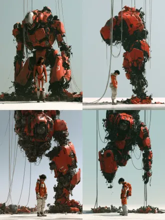 a girl wearing an orange-and-white combat suit stands in front of a gigantic red-and-black humanoid robot. both face the camera. the robot’s legs are severely damaged and partially missing; its upper body hangs suspended in the air by silver cables. the girl looks down pensively at the robot parts scattered on the ground. wide shot, solid pale blue-white background, matte white floor, direct sunlight, bright ambient light, dramatic side backlighting, hard shadows, high-contrast colors, clean edges, realistic materials, digital painting, retro-futurist style, ultra-detailed