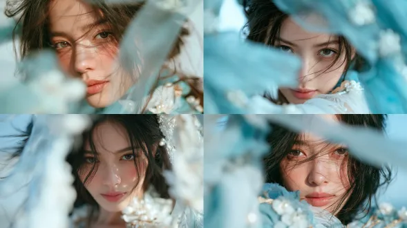 清透高调的国风仙侠美妆人像，写实材质与理想化人物美感结合。浅青、玉白、薄荷绿为主色，暖象牙肤色带柔和桃粉气色。大面积柔和侧前光与充足环境补光，保留鼻翼、下颌的细腻阴影；鼻梁、颧骨和嘴唇有克制高光。眼睛、睫毛、发丝清晰，皮肤保留微细纹理但整体精致均匀。采用自然的人像透视，以脸部特写和肩部近景为主；近镜头的半透明轻纱柔化虚焦，部分遮挡画面并露出眼睛。青白轻薄衣料、珍珠花饰与少量浅金配饰，背景简洁柔化。人物轻微转头、垂眼与浅笑，呈现安静、亲近、梦幻的动态杂志封面感。避免夸张广角、浓烈青橙调色、硬阴影、粗颗粒和全画面泛白。