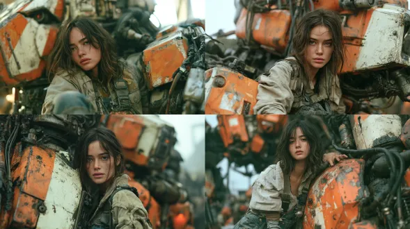 photorealistic cinematic portrait of a young woman in a worn futuristic mechanic's workshop, leaning against a huge industrial combat mech painted in distressed orange and aged ivory. natural facial proportions, realistic skin pores, individual hair strands, subtle under-eye shadows, believable body anatomy, authentic fabric folds, worn cotton jacket, distressed denim, utilitarian straps and metal fasteners. massive battle-worn machinery, chipped industrial paint, oxidized metal, grease, cables and hydraulic components. soft overcast daylight, gentle ambient fill, bright but controlled highlights, rich shadow detail, muted olive-gray environment, warm rust-orange accents, subtle atmospheric haze, realistic lens depth, organic bokeh, restrained film grain, cinematic documentary photography, natural imperfections, physically plausible lighting, realistic reflections, 50mm prime lens, f/2.8, professional color grading, candid editorial photograph。