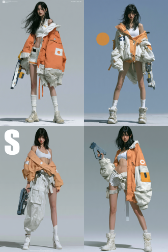 实拍电影人物海报，真人摄影写真，一个穿着桃红加白配色机能风服饰的俊美黑色长发少女，皮肤白皙，身型高挑，手里拿着未来风格手枪，直立站在地面
