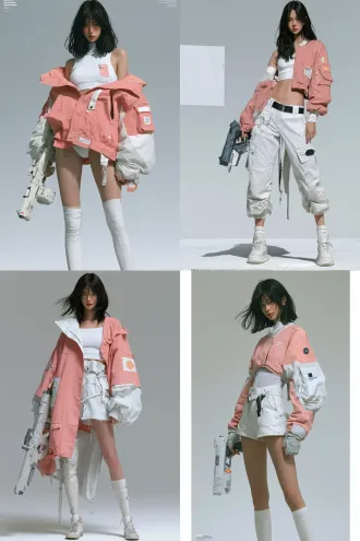 实拍电影人物海报，真人摄影写真，一个穿着粉红加白配色机能风服饰的俊美黑色长发少女，皮肤白皙，身型高挑，手里拿着未来风格手枪，直立站在地面