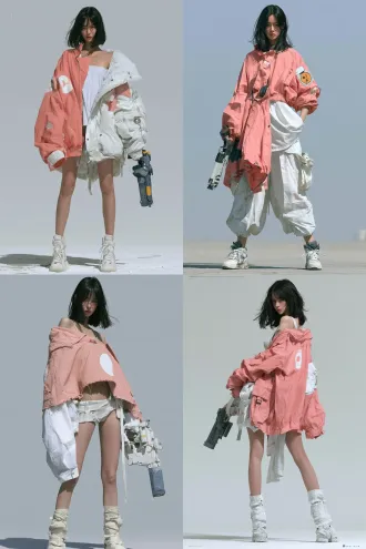 实拍电影人物海报，真人摄影写真，一个穿着粉红加白配色机能风服饰的俊美黑色过肩长发少女，皮肤白皙，身型高挑，手里拿着未来风格手枪，直立站在地面