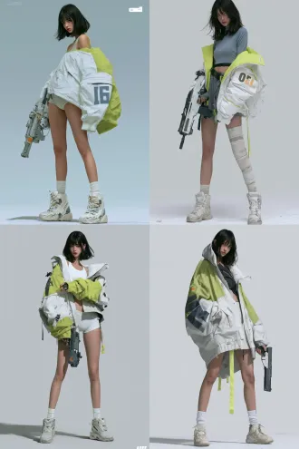 实拍电影人物海报，真人摄影写真，一个穿着荧光绿加白配色机能风服饰的俊美黑色过肩长发少女，皮肤白皙，身型高挑，手里拿着未来风格手枪，直立站在地面