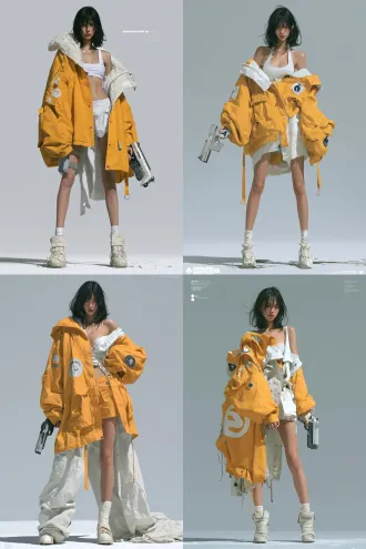 实拍电影人物海报，真人摄影写真，一个穿着明黄加白配色机能风服饰的俊美黑色过肩长发少女，皮肤白皙，身型高挑，手里拿着未来风格手枪，直立站在地面