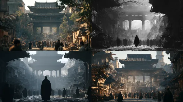 ancient buddhist temple gate, original architecture preserved - roof structure, stone staircase, surrounding buildings, weathered materials, historical street vendors. late morning daylight, pale natural sunlight illuminating stone pavement, temple columns, and pilgrims. deep cinematic shadows beneath eaves, rich contrast, natural atmospheric depth. subtle incense smoke, no excessive dark haze or firelight. lively crowd of authentically dressed ancient chinese pilgrims and commoners moving naturally through the temple square. lived in, realistic atmosphere. high budget historical mystery film cinematography, dramatic believable daylight, realistic 35mm film texture, controlled highlights, deep cyan gray shadows. no empty plaza, no new towers, no modern roads, no palace architecture, no architectural photography style.