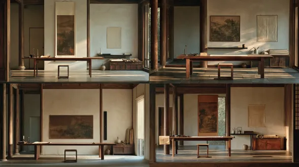 略宽的室内全景，空置的古代画师工坊。长木案远侧放方凳，绢本山水长卷朝向方凳，卷尾留白位于当前机位左侧；近侧左案角放旧稿，案左放烛台与砚台。右墙纸窗闭合，左后墙有门，方凳后方地面留出通向右窗的活动空间。后墙偏右为深木色窄格架与低柜，架上有几卷宣纸、收拢画轴、素瓷笔筒和小陶罐，木柱与门框拉开前后层次；摄影机稍拉远以看清地面动线。柔和窗光，暖米白、自然木色与淡灰青协调，柔纱般光线与温润材质，纵深清楚，清简的新中式古装电影感，kodak胶片色彩。