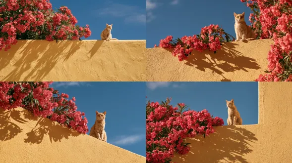 sunny mediterranean scene, vivid pink-red oleander blossoms spilling over a textured warm yellow stucco wall, an orange tabby cat sitting on top of the wall right beside the flowers, looking calmly toward the sky, deep blue sky with soft clouds, strong sunlight casting sharp leaf shadows on the wall, vibrant saturated colors, low angle, minimalist composition, photorealistic