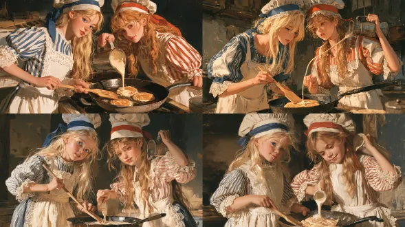 2d illustration. two girls are making pancakes in a large frying pan. one holds a wooden spatula, while the other pours batter into the pan from a pitcher slung over her shoulder. one girl: a white-and-blue-striped dress with puff sleeves, a lace-trimmed petticoat, a white lace-trimmed apron, a chef’s hat with a blue ribbon, long blonde hair, and blue eyes. the other girl: a white-and-red-striped dress with puff sleeves, a lace-trimmed petticoat, a white lace-trimmed apron, a chef’s hat with a red ribbon, long flaxen hair, and reddish-brown eyes. a worn-out kitchen. broad color masses and tonal boundaries dominate; sparse linework only where structurally needed. hair rendered in large masses with few distinct locks; no fine strands. linework uses chromatic darker local surface and shadow colors. hair, skin, and garments stay within their own color family. no neutral gray or black unless locally present. silhouette and internal lines follow local foreground color family.